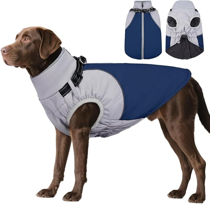 DENTRUN Dog Coat with Harness Built in, Easy On/Off Zipper Closure Winter Dog Vest, Water-Repellent Fleece Lined Warm Jacket with Reflective for Extra Large Dogs, Dark Blue, XXXL