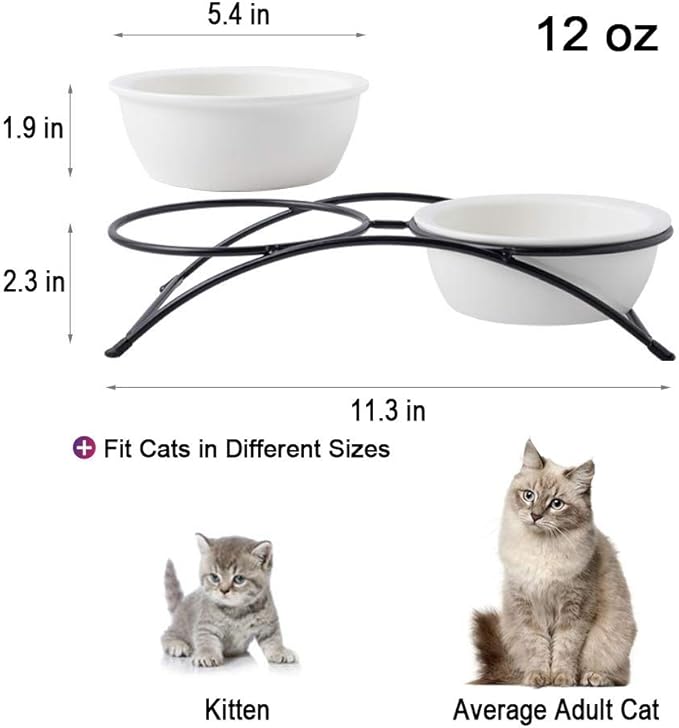 ZONEYILA Elevated Cat Bowls, Dog Bowl, Ceramic Raised Cat Food Water Bowl Set with Metal Stand for Indoor Cats Small Dog, Prevent Neck Pain,12 Ounces, Cute Paw Pattern
