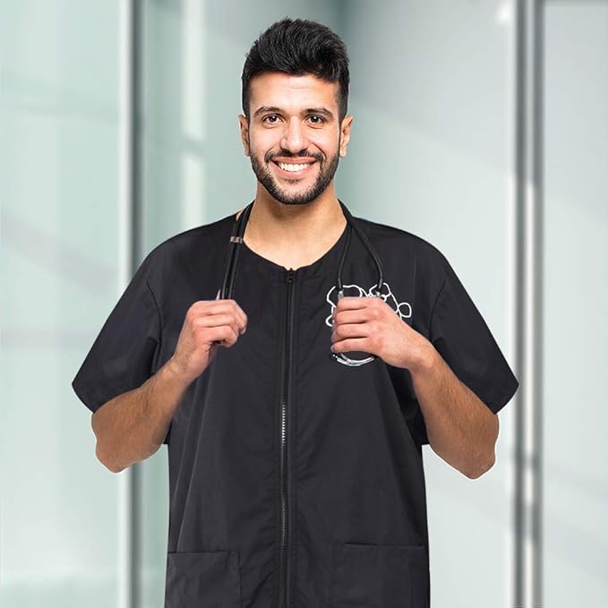 Noverlife Short Sleeves Pet Grooming Work Clothes with Full Zipper, XL Size, Splash Proof Anti-Static Pets Beautician Smock, Dog Cat Groomer Cosmetologist Uniforms for Pet Shop Men Women