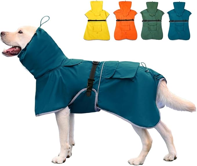 Reflective Dog Raincoat Waterproof Adjustable Dog Hooded Poncho Raincoat for Medium Large Dogs, Lightweight Pet Rain Jacket (Blue, 2XL)