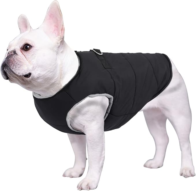 Geyecete Dog Bulldog Clothes Dog Cotton Padded Coat Thick Winter Warm Vest Waistcoat Cold Weather Jacket Clothing for French Bulldog Coat-Black-XL