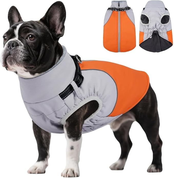 DENTRUN Dog Coat with Harness Built in, Cold Weather Dog Jacket Windproof Water-Repellent, Plush Turtle Neck Reflective Coat for Beagle, Orange, M