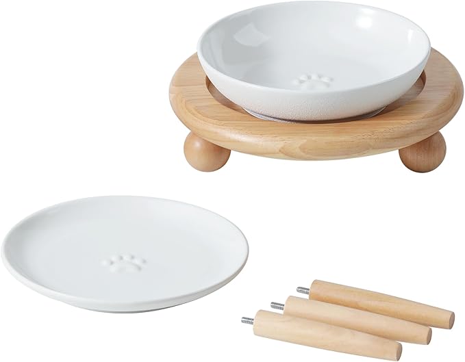 Raised Ceramic Wide Whisker Friendly Cat Dishes, Food&Water Bowl with 2 Style Stand Adjustable Pet Bowl Set(1Dish+1Shallow Dish+Stand, White