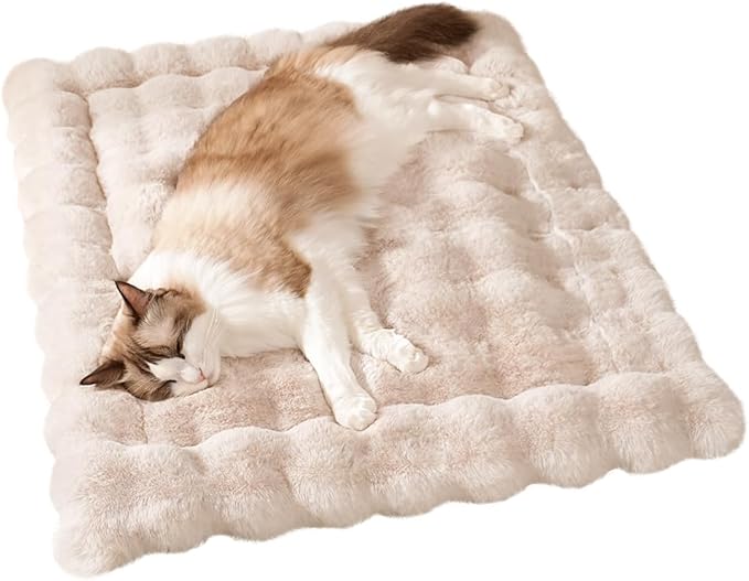 Cat Beds for Indoor Cats Faux Fur Pet Pad Mat Plush Kitten Bed with Non-Slip Bottom for Carriers/Couch Dog & Puppy Friendly 35 x 27 Inch X-Large White