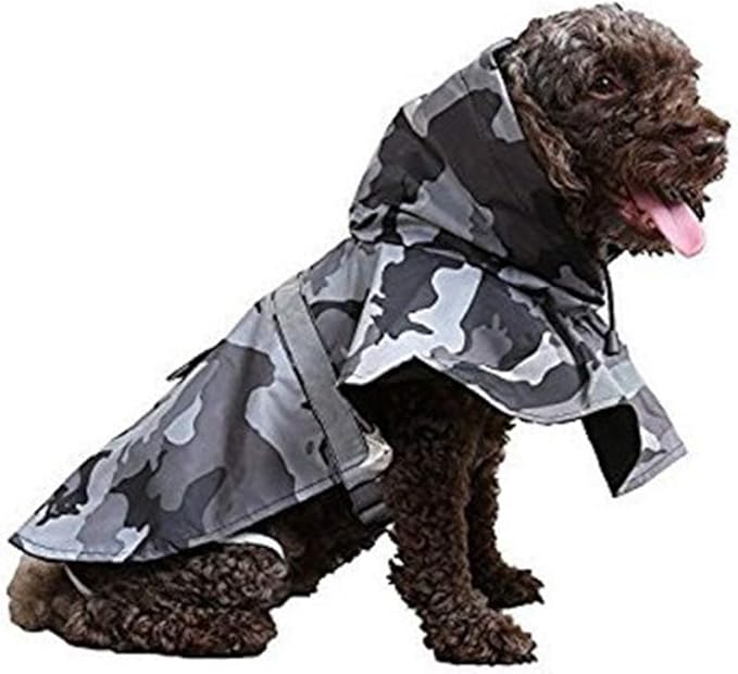 Mikayoo Large Dog Camouflage Raincoat Ajustable Pet Waterproof Clothes Lightweight Rain Jacket Poncho Hoodies with Strip Reflective(Gray L)