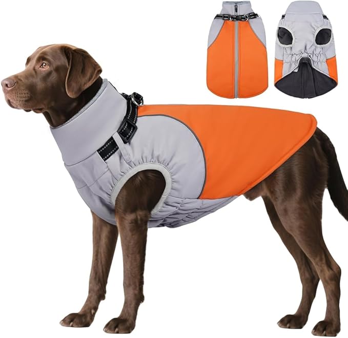 DENTRUN Dog Coat with Harness Built in, Outdoor Reflective Dog Jacket, Windproof Water-Repellent No Sleeves Coat for Large Golden Retriever, Orange, XL