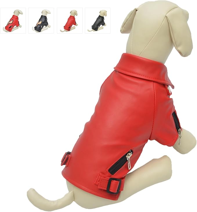 Lovelonglong Cool Dog Leather Jacket, Warm Coats Dogs Windproof Cold Weather Coats for Large Medium Small Dogs, Yorkshire Terrier Clothing Red S