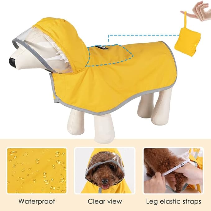 SlowTon Dog Raincoat, Adjustable Dog Rain Jacket Clear Hooded Double Layer, Waterproof Poncho with Reflective Strip Straps and Storage Pocket for Small Medium Large Dog (Yellow L)