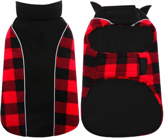 Kuoser Dog Winter Coat, Reversible Waterproof Dog Jacket with Leash Hole, Warm Dogs Fleece Vest Adjustable Doggy Cold Weather Clothes Plaid Christmas Outfit Pet Apparel for Large Dogs, RedBlack L