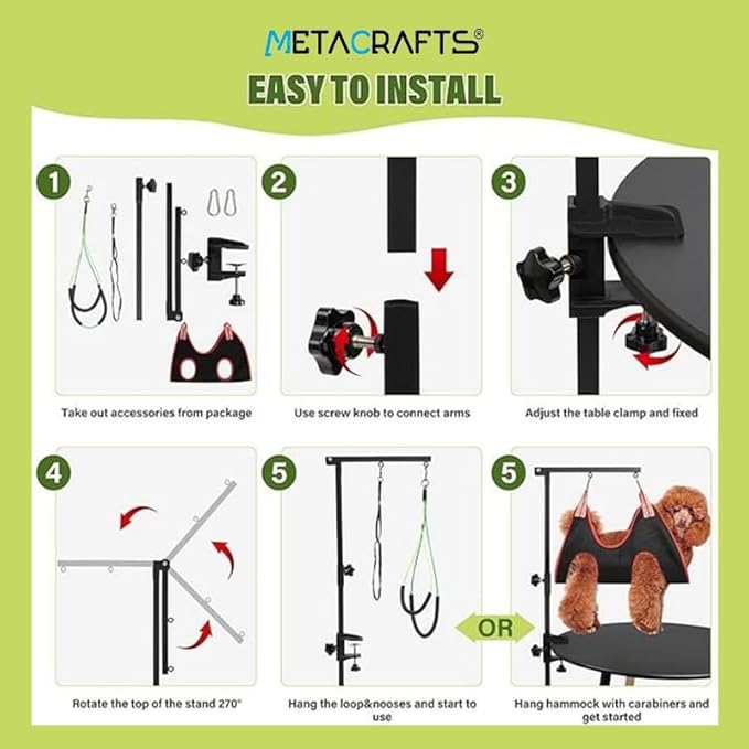 Foldable Dog Grooming Arm with Hammock & Clamp - Adjustable Height 20"-35" - Pet Grooming Table Accessories with No-Sit Holder, Grooming Restraint for Small, Medium Dogs at Home or Salon