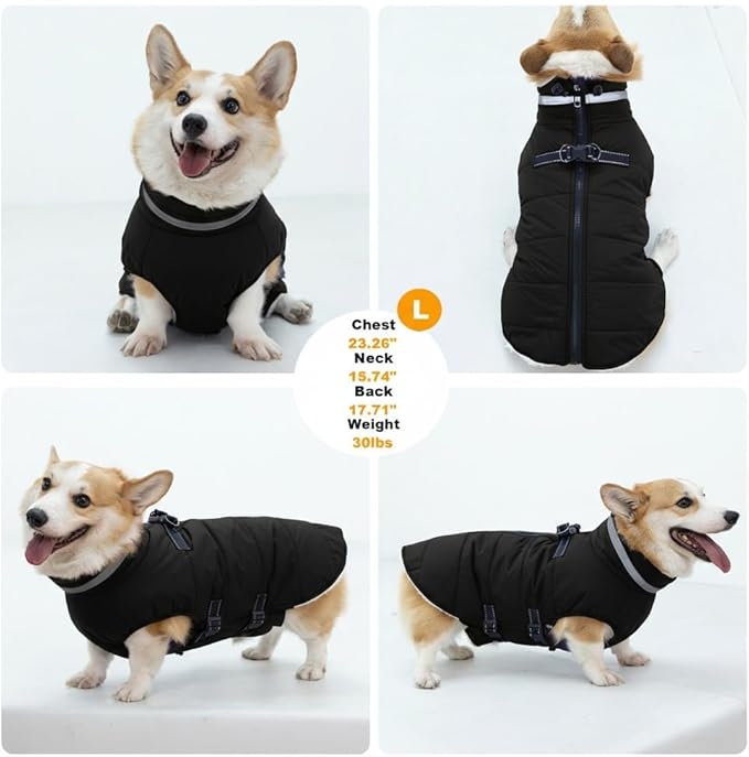 Large Dog Coat with Harness Built-in, Waterproof Reflective Fleece Lined - Warm Windproof Winter Jacket with Back Zipper, Cold Weather Snow Dog Coats - Black - 2XL