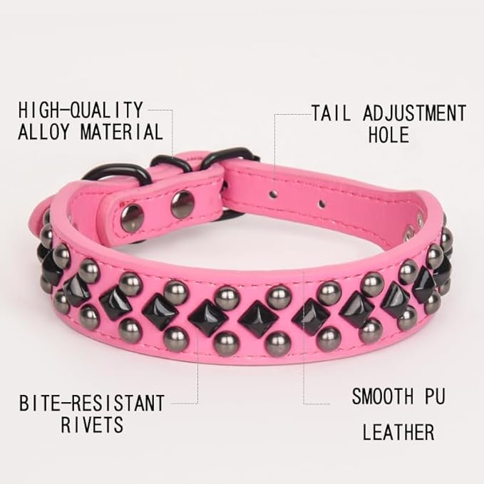 Serijoars Spiked Studded PU Leather Dog Collar for Small, Medium, Large Breeds, Pit Bull, Bully, Husky, Terrier, Adjustable (Hot Pink, L (41-47CM))