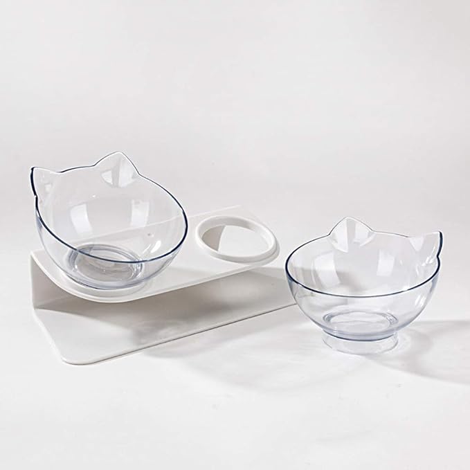 Luck Dawn Double Elevated Cat Bowls with Raised Stand, 15 Tilted cat Design Neck Guard Stand Pet Food Water Feeder Bowl for Cats or Small Dogs