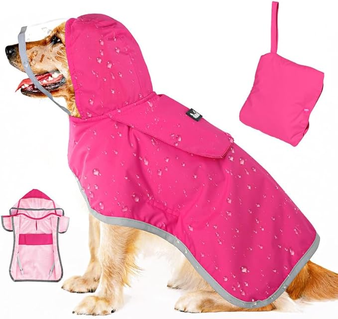 SlowTon Dog Raincoat, Adjustable Dog Rain Jacket Clear Hooded Double Layer, Waterproof Poncho with Reflective Strip Straps and Storage Pocket for Small Medium Large Dogs Puppies(FU XXXL)