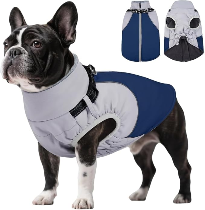 DENTRUN Dog Coat with Harness Built in, Easy On/Off Zipper Closure Winter Dog Vest, Water-Repellent Fleece Lined Warm Jacket with Reflective for Small Dogs, Dark Blue, S