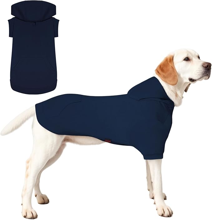 Basic Dog Hoodie, Soft Premium Quality Dog Hoodie Sweater with Leash Hole and Pocket, Cotton Doggy Puppy Sweatshirt Fashion Outfit for Dogs Puppy Small Medium Large - Navy Blue (Large)