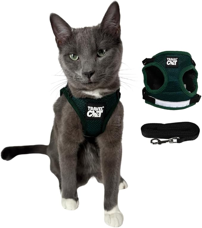Travel Cat The Emerald Explorer Limited Edition Green Harness and Leash Set - Adjustable Fit Mesh Cat Harness with Reflective Strap - Escape Proof Harness for Cats, Kitten (Large)