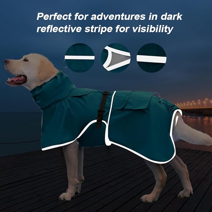 Reflective Dog Raincoat Waterproof Adjustable Dog Hooded Poncho Raincoat for Medium Large Dogs, Lightweight Pet Rain Jacket (Blue, 2XL)