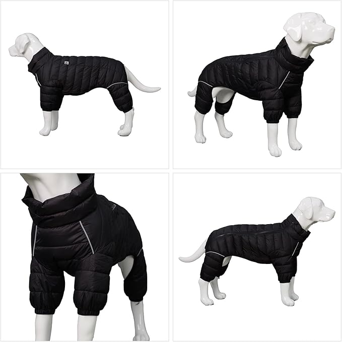 Lovelonglong Warm Jacket - 4 Legs Covered Waterproof Windproof Reflective Vest, Zippered Adjustable Outdoor Snow Jacket for Small Medium Large Dogs, Black XXXXL
