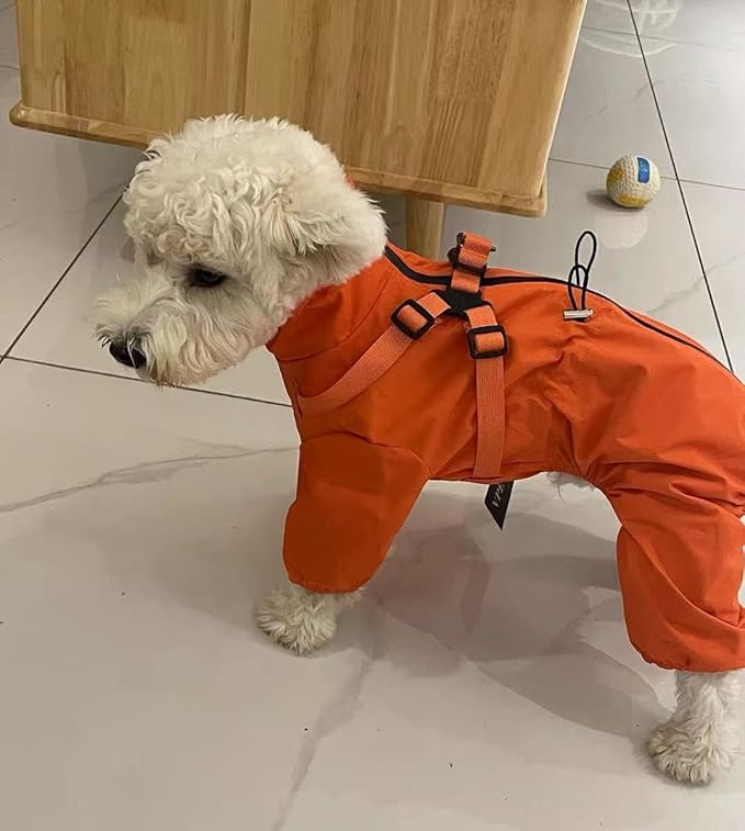 Mile High Life Waterproof Dog Raincoat, Full Coverage Small Dog Rain Coat with Harness, Adjustable 4 Legs Puppy Rain Jacket with Reflective Strip and Elastic Cuffs (Orange, XXS Back Length 9.8")