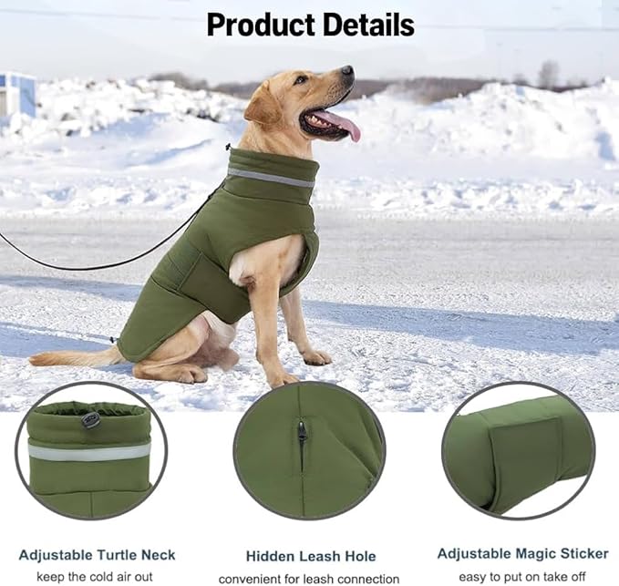 Dog Coat, Waterproof Winter Jacket, Warm Windproof Vest, Reflective Adjustable Turtleneck Coats for Large Dogs with Hook & Loop - Green - XL