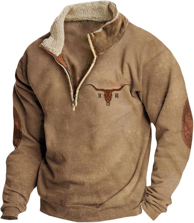 HOTYD Western Jackets for Men Cowboy Sweatshirts Vintage Ethnic Graphic Casual Long Sleeve Top 1/4 Zip Pullover Hoodies