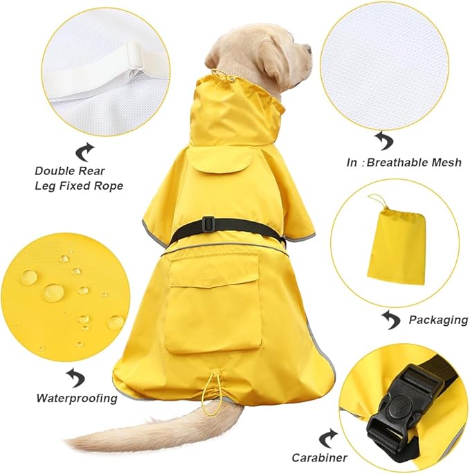 Dog Raincoat Waterproof Dog Rain Coat with Hoodile, Reflective Adjustable Lightweight Pet Rain Jacket for Medium Large Dogs(Yellow, 7XL)