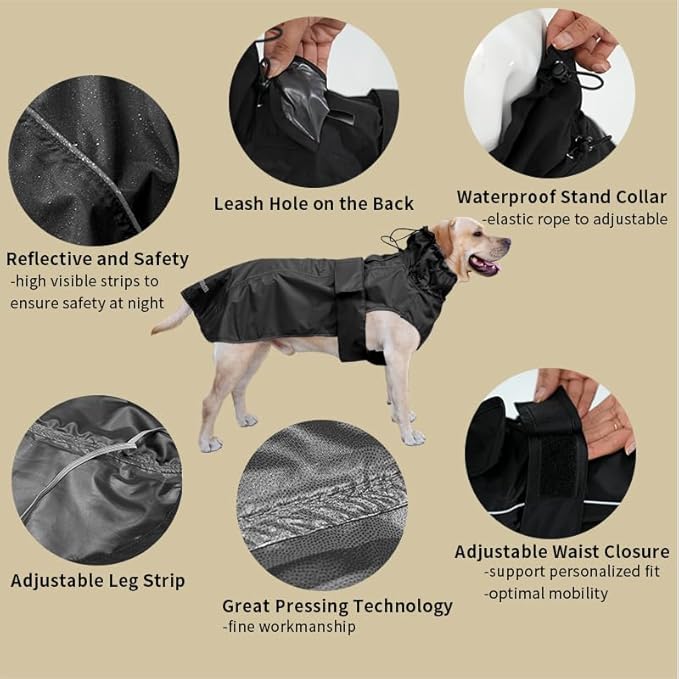 Adjustable Waterproof Dog Raincoat for Dogs,Lightweight Pet Rain Jacket Puppy Clothes with Reflective Strip for Small Medium Large Dogs (Black, Large)