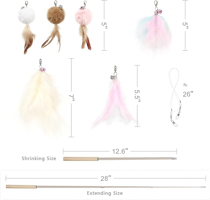 SONGWAY Interactive Cat Feather Toys - 7 PCS Cat Toys Set for Indoor Cats, Retractable Wand with Feather Tail Toy Refills, Kitten Toys Gift, Pink