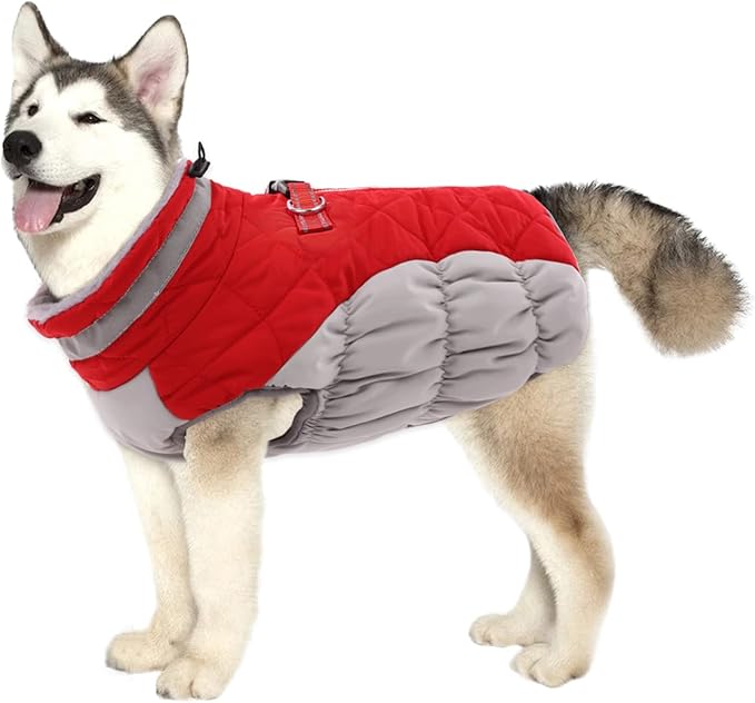 Lelepet Dog Coat Warm Dog Winter Coat Waterproof Dogs Jacket with Harness Built in Reflective Pet Fleece Vest Zip-Up Cold Weather Coats for Large Dogs Turtleneck & Windproof Coats Boston Terrier Red L