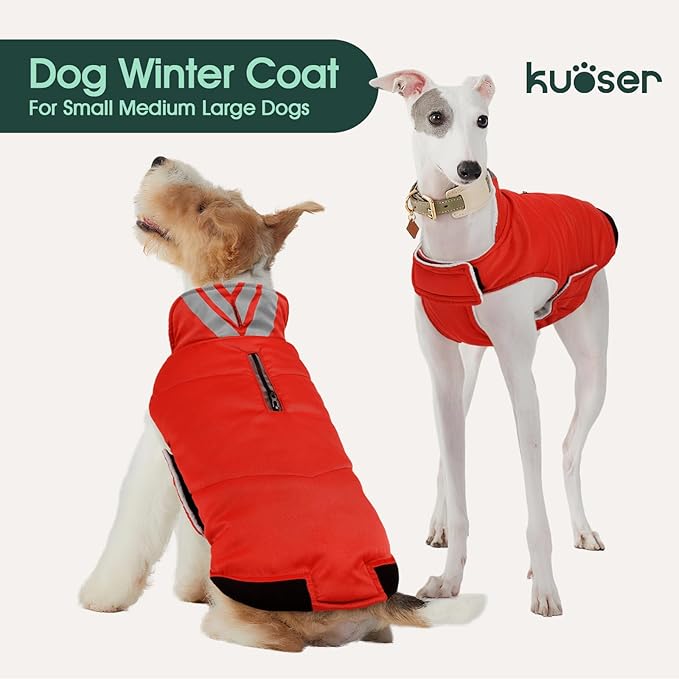 Kuoser Dog Coat Large, Cold Weather Reflective Waterproof Dogs Jacket with Warm Fleece Lining, Turtleneck Dog Winter Coat with Zipper, Doggy Snow Jacket Pet Coats for Small Medium Large Dogs, Red XL