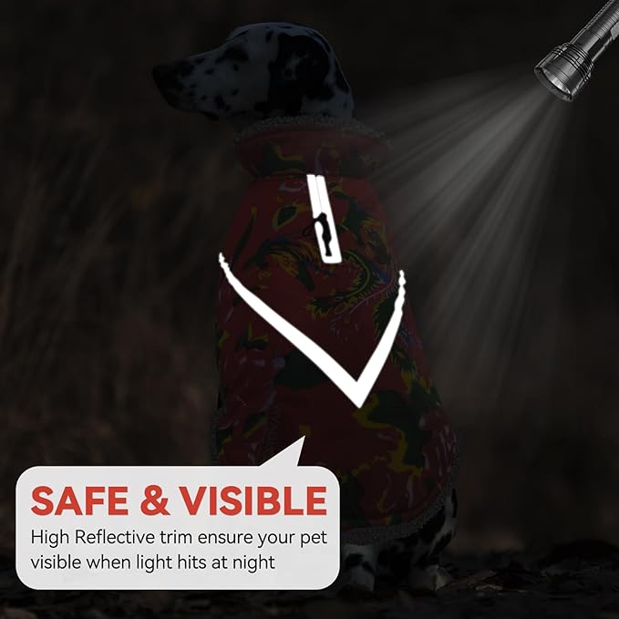 VIVAGLORY Snowrap Dog Coat, Jacket with Harness Hole & Velcro Closure, Dog Coat for Winter & Cold Weather, Fluffy Warm Fleece Lined Reflective Water Resistant for Puppy, M, Northeast Florals-Red