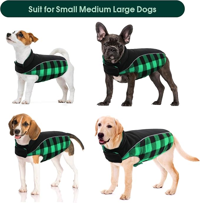 Kuoser Dog Winter Coat, Reversible Waterproof Dog Jacket with Reflective Strip, Warm Dogs Fleece Vest Adjustable Doggy Cold Weather Clothes Plaid Christmas Outfit Pet Apparel for Large Dogs, Green 2XL
