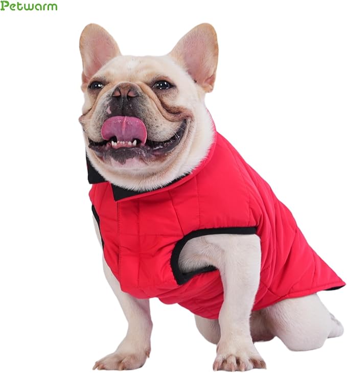 PetWarm Reversible Dog Winter Coat, Windproof Dog Puffer Vest, Soft Vest for Dogs with Hook-and-Loop Strap for Easy Dressing, Waterproof Coat for Dogs with Adjustable Fit, Red, XS