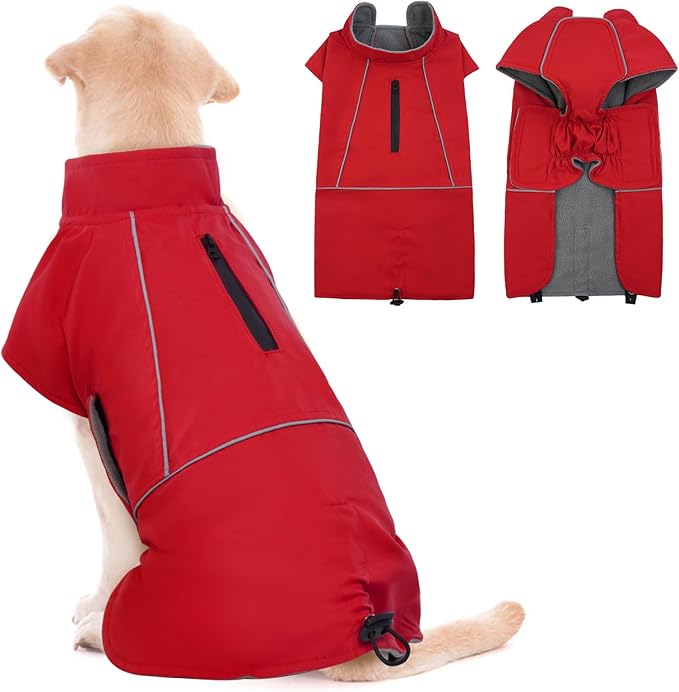 ROZKITCH Dog Winter Coat, Waterproof Raincoat Jacket with Fleece Liner and Leash Hole, Windproof Rain Jacket with Reflective Strip for Medium, Adjustable Poncho Vest for Outdoor Hiking Travel Red L