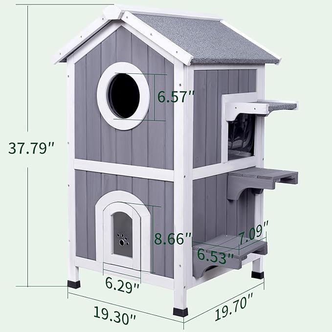 GEGURI Outdoor Heated Cat House Winter-Proof, Two-Story Insulated Shelter for Feral Cats with Thermal Layer, Removable Roof, Balcony & Escape Door