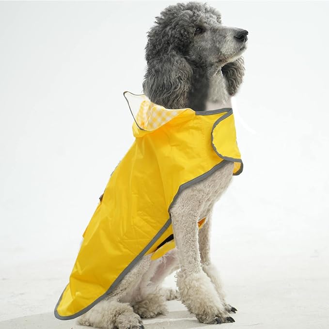 MAMORE Dog Raincoat Reversible,Waterproof Dog Rain Coat Hooded Slicker Poncho with Reflective Strip, Plaid Double Layer Rain Jacket for Small Medium Large Dogs (Yellow, Small)