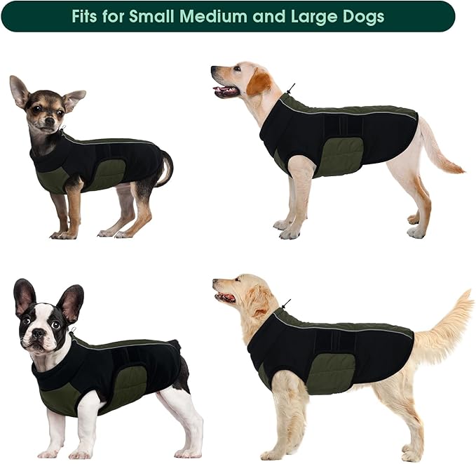 Kuoser Dog Jacket, Dog Coats for Large Dogs Winter Waterproof, Reflective Doggie Vest with Leash Hole, Cold Weather Coats Pet Snow Jacket for Labrador Beagle, Green XL