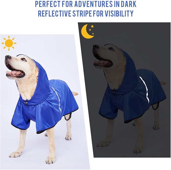 Dog Raincoat with Adjustable Belly Strap and Leash Hole - Hoodie with Reflective Strip - Waterproof Slicker Lightweight Breathable Rain Poncho Jacket for Medium Large Dogs - Easy to Wear