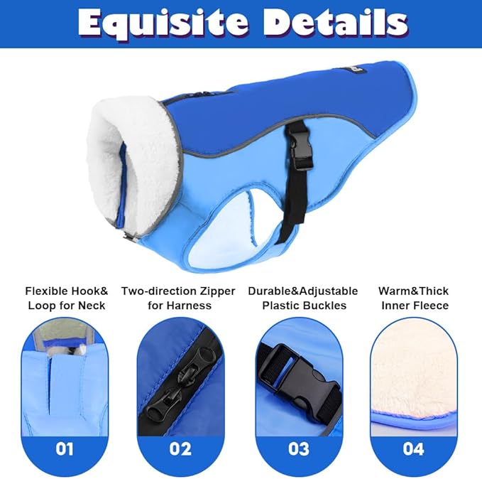 EMUST Dog Coat for Winter, Cozy Winter Jackets for Small/Medium/Large Dogs, Solid Color Dog Apparel for Cold Weather with Fleece Lining, New Blue, XXXL