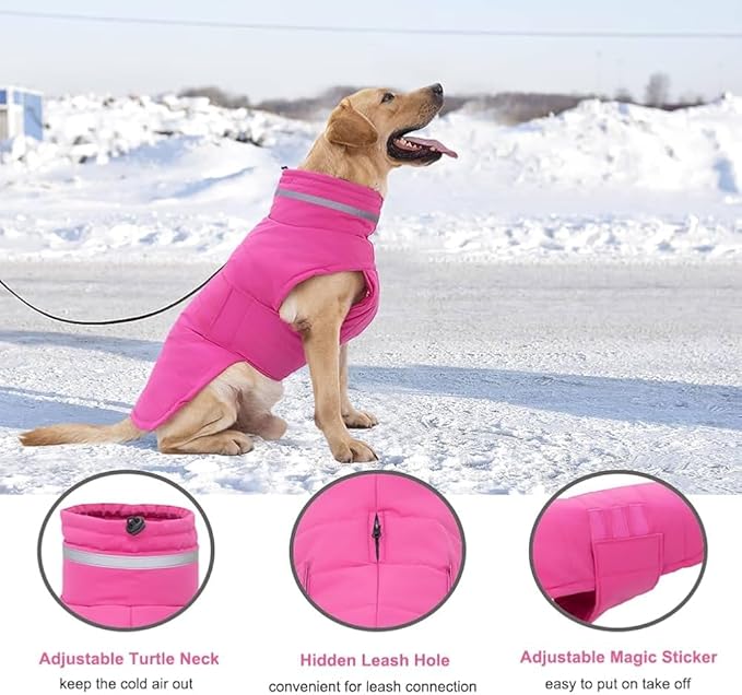 Dog Coat, Waterproof Winter Jacket, Warm Windproof Vest, Reflective Adjustable Turtleneck Coats for Large Dogs with Hook & Loop - Pink - XL