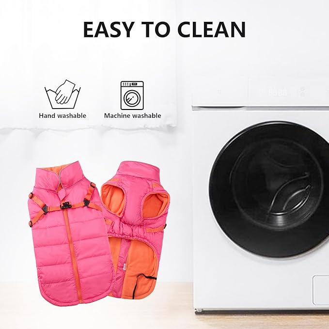 Geyecete Winter Warm Coat Waterproof Dog Winter Jacket with Harness Traction Belt,Windproof Pet Outdoor Jacket Dog Autumn-Pink-S