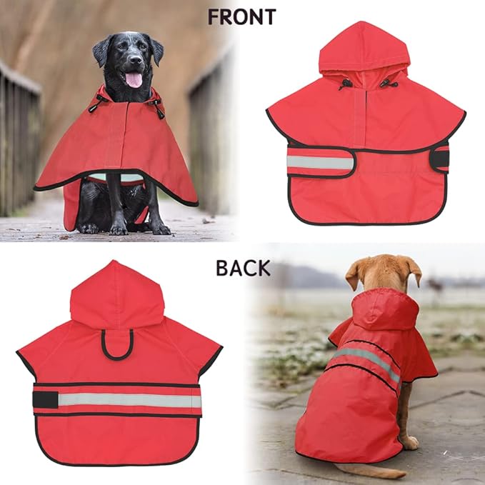 Candofly Dog Raincoat Hooded Poncho - Adjustable Waterproof Dog Rain Jacket Lightweight Reflective Dog Rain Coat Pet Slicker for Small Medium Large Dogs (Medium, Bright Red)