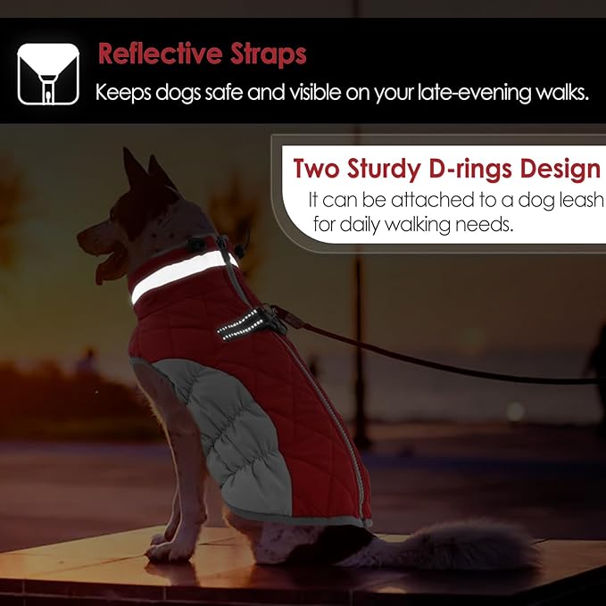 AOFITEE Dog Coat, Warm Dog Jacket, Reflective Winter Coats for Medium Dogs, Turtleneck Dogs Winter Jacket with Harness Built in, Waterproof Windproof Pet Fleece Vest Puffer Jacket, Christmas Red M