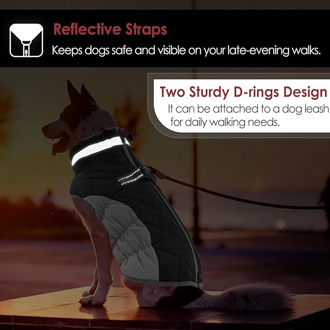 AOFITEE Dog Coat, Warm Dog Winter Coat, Reflective Turtleneck Large Dogs Jacket with Harness Built in, Turtleneck Pet Winter Jacket, Waterproof Pet Snow Jackets Fleece Vest, Grey XL