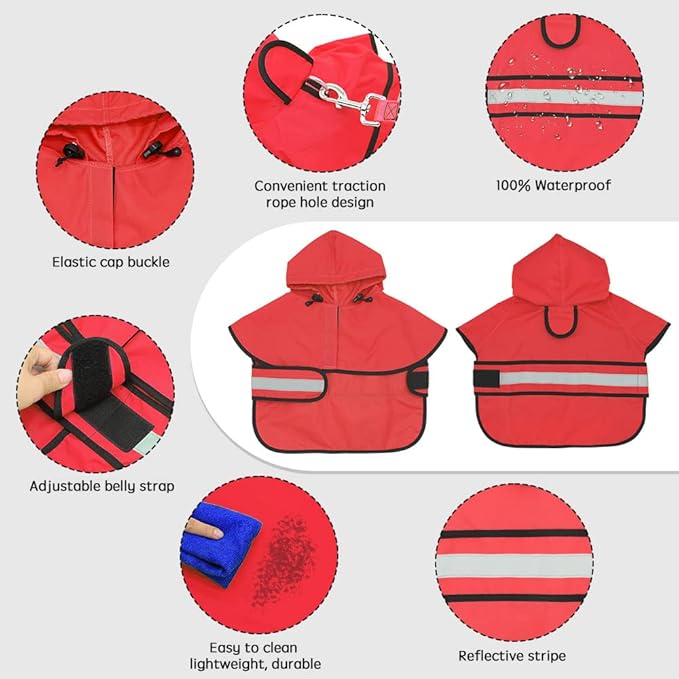 Candofly Dog Raincoat Hooded Poncho - Adjustable Waterproof Dog Rain Jacket Lightweight Reflective Dog Rain Coat Pet Slicker for Small Medium Large Dogs (Medium, Bright Red)