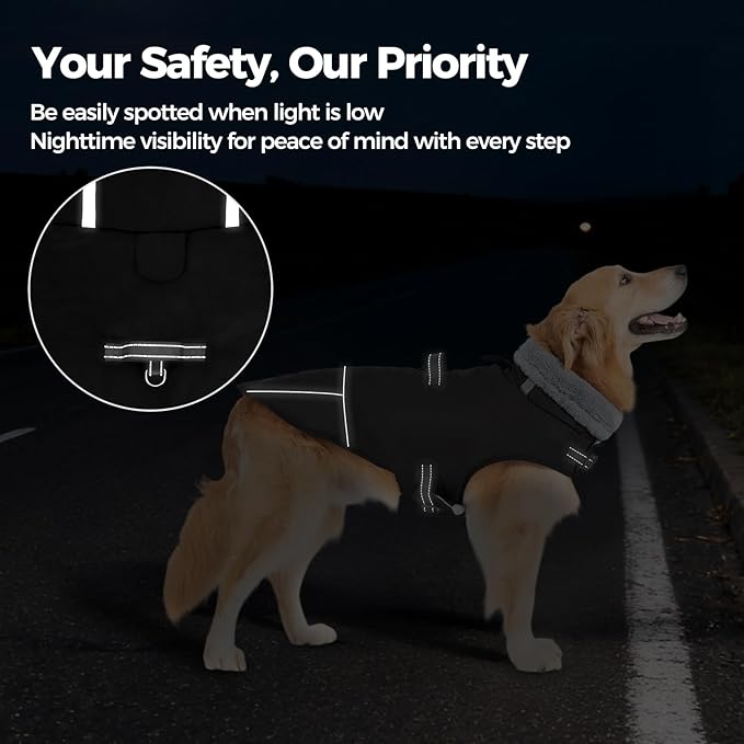 Mihachi Dog Coat for Large Dogs, Warm Dog Winter Coat Waterproof Dogs Jacket with Harness Built in Reflective Pet Fleece Vest, Puppy Cold Weather Coats Turtleneck & Windproof Pet Snowsuit, Black XL