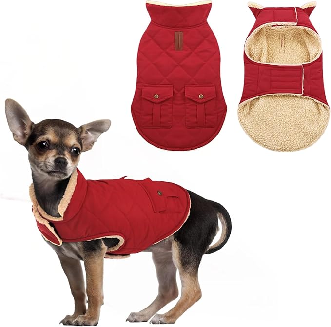 ASENKU Warm Dog Winter Coat, Waterproof Dog Coat for Cold Weather, Fleece Dogs Jacket with Ultra Thick Plush Lining Leash Hole Storage Pockets for Small Dogs (Red, X-Small)