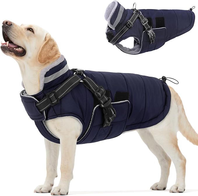 Queenmore Dog Coats for Large Dogs Winter Waterproof with Harness Built-in, Pet Puffer Warm Jacket with Harness for Snow/Cold Weather for Large Breed - Fleece Lining Easy-on Reflective, Navy L