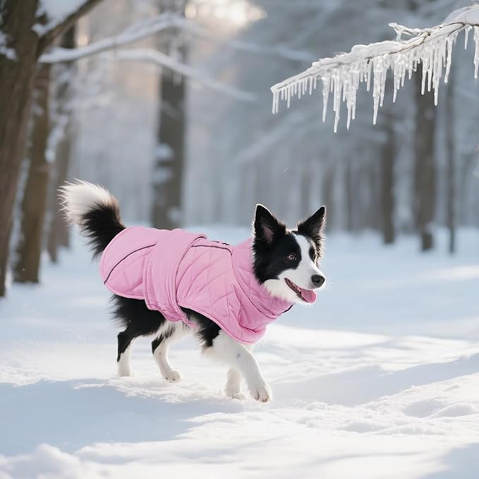 Kuoser Dog Coat, Extra Warm Dog Jacket Windproof Dogs Cold Weather Coats for Large Dogs, Fleece Lining Turtleneck Puppy Snowsuit Reflective Adjustable Pet Winter Clothes Christmas, Pink XL